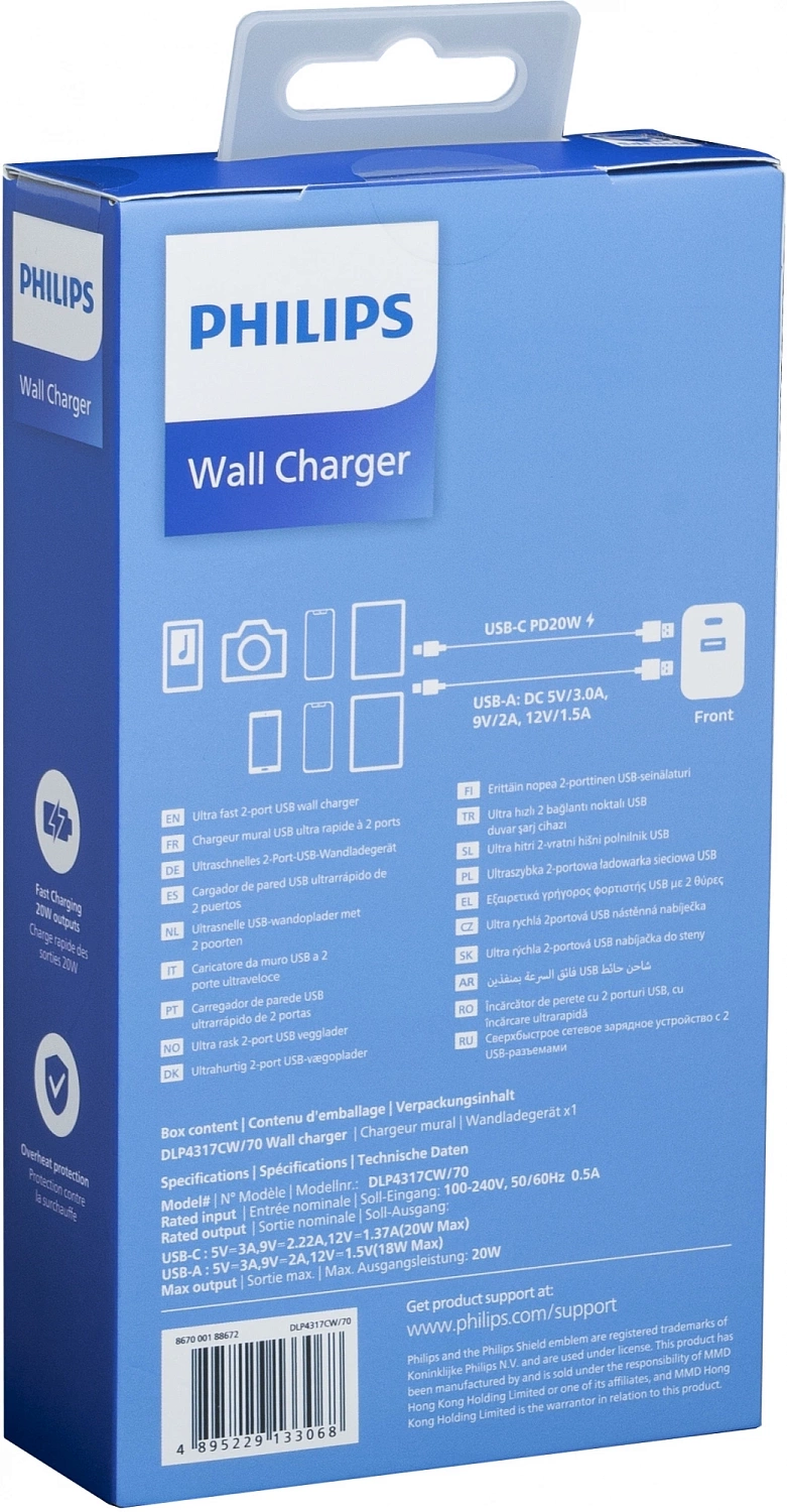 Сетевое зар./устр. Philips DLP4317 20W 0.8A (PD) USB/USB Type-C универсальное белый (DLP4317CW/70)