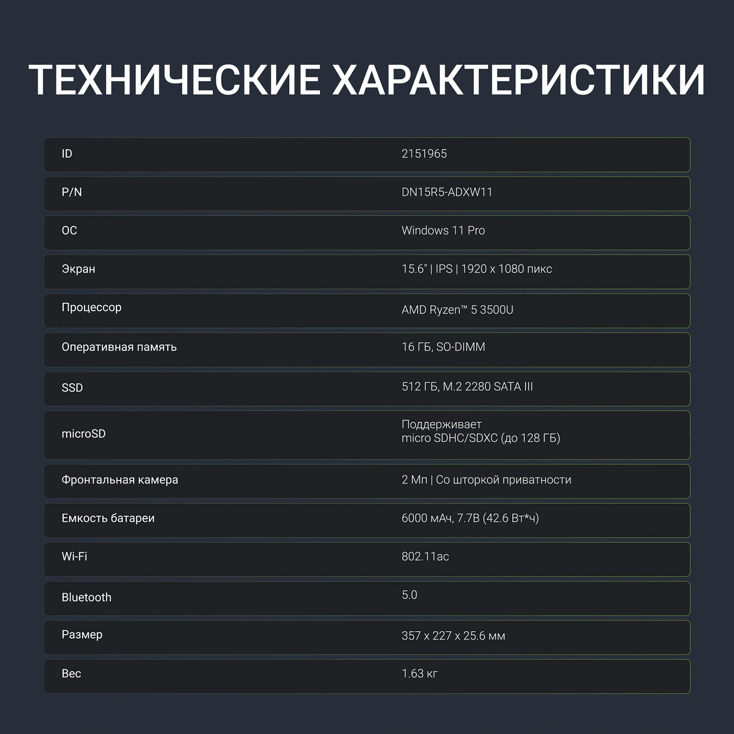 Ноутбук Digma Nova Ryzen 5 3500U 16Gb SSD512Gb AMD Radeon Vega 8 15.6" IPS FHD (1920x1080) Windows 11 Pro grey WiFi BT Cam 6000mAh (DN15R5-ADXW11)