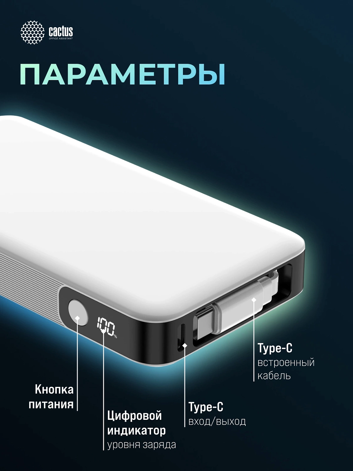 Мобильный аккумулятор Cactus CS-PBFSPA-10000 10000mAh 22.5W 4.5A 2xUSB-C белый Мобильный аккумулятор Cactus CS-PBFSPA-10000 10000mAh 22.5W 4.5A 2xUSB-C белый