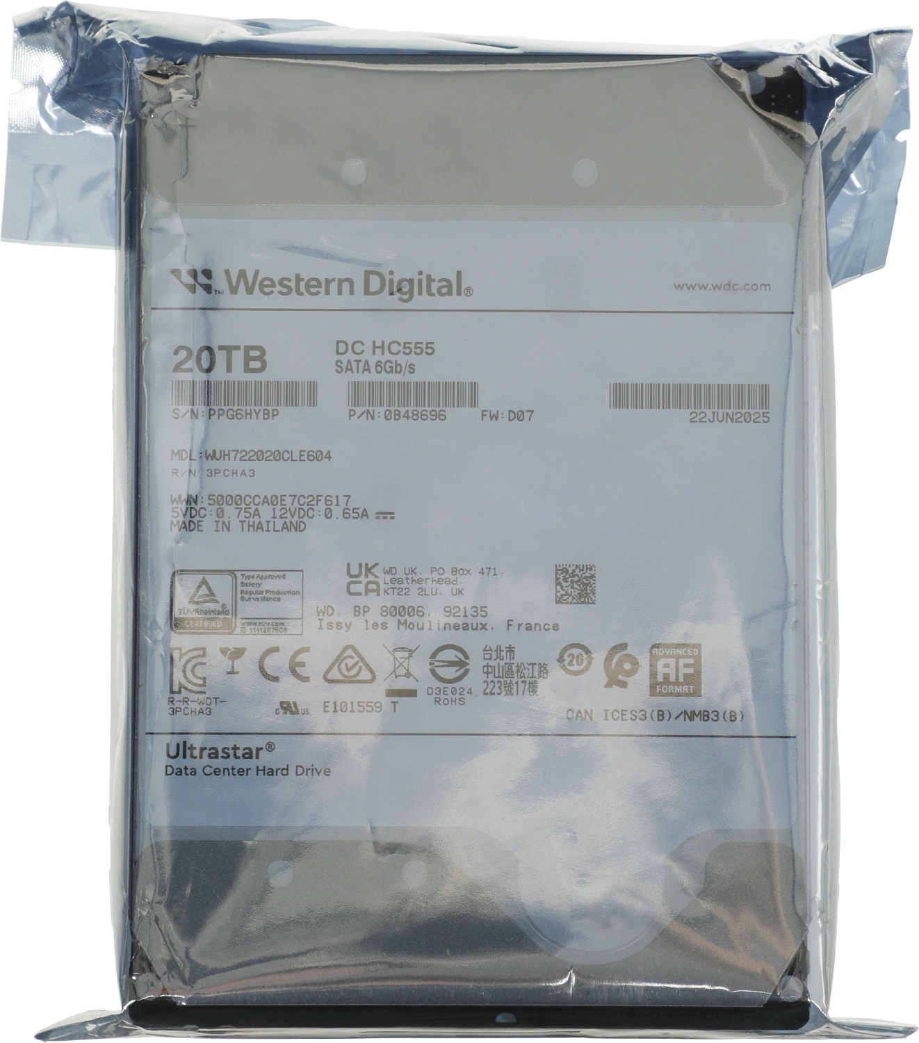 Жесткий диск WD SATA-III 20TB 0B48696 WUH722020CLE604 Ultrastar DC HC555 512E (7200rpm) 512Mb 3.5"