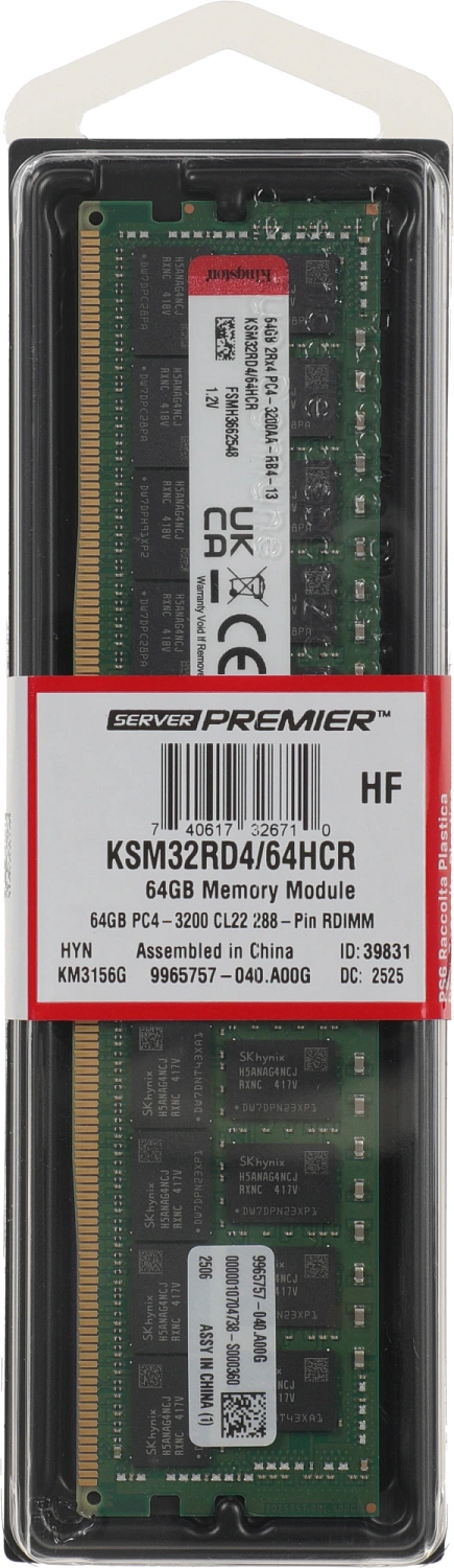 Оперативная память Kingston Server Premier DDR4 64GB RDIMM 3200MHz ECC Registered 2Rx4, 1.2V (Hynix C Rambus)