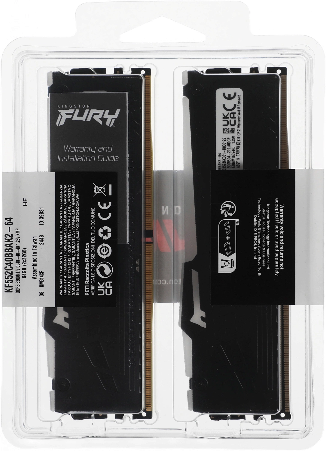 Память DDR5 2x32GB 5200MHz Kingston KF552C40BBAK2-64 Fury Beast RGB RTL Gaming PC5-41600 CL40 DIMM 288-pin 1.25В kit single rank с радиатором Ret