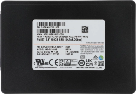Твердотельный накопитель Samsung Enterprise SSD, 2.5"(SFF), PM897, 480GB, SATA, 6Gb/s, R560/W530Mb/s, IOPS(R4K) 97K/60K, V6 TLC, MTBF 2M, 3DWPD/5Y, OEM, (analog MZ7KH480HAHQ-00005)