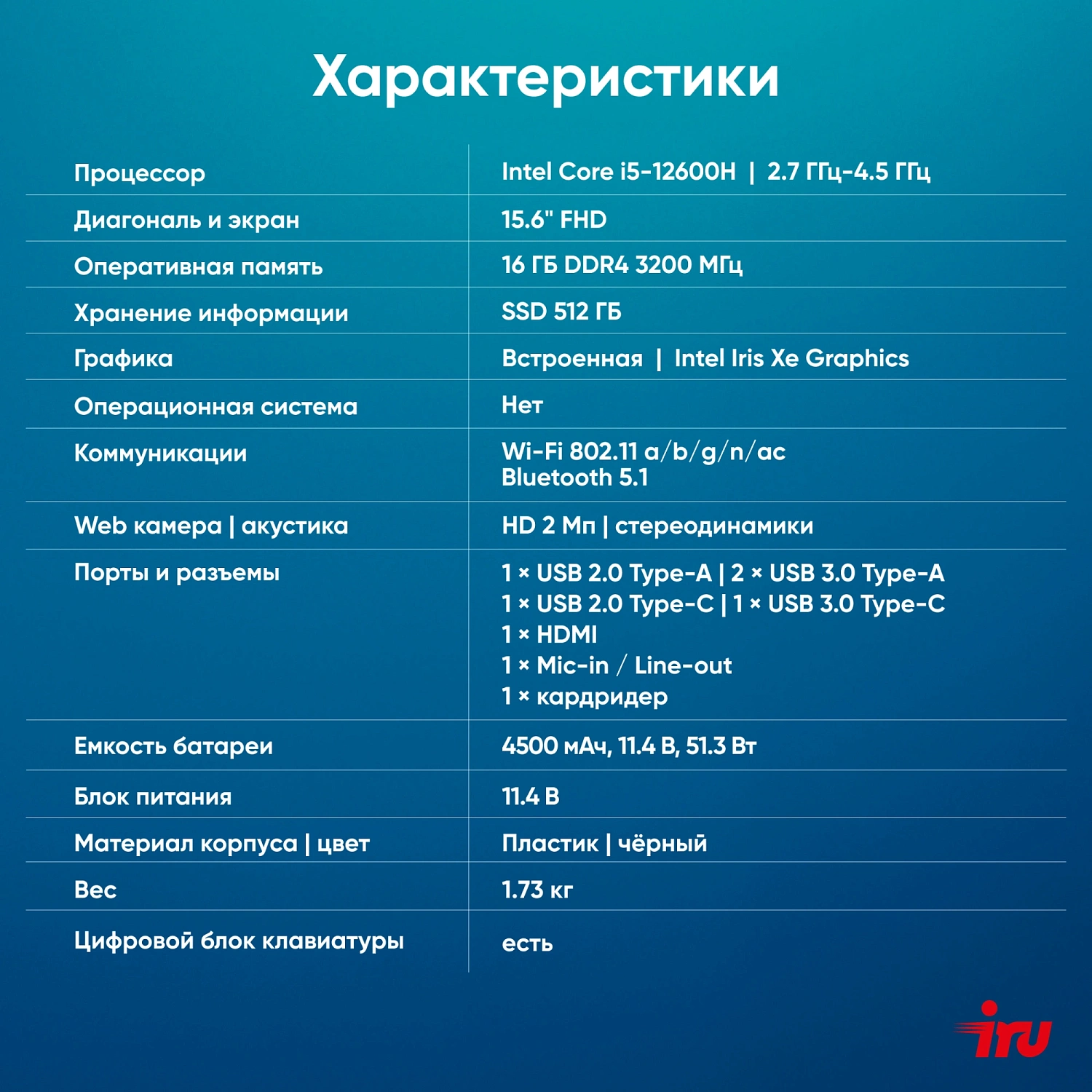 Ноутбук IRU Tactio 15ALG Core i5 12600H 16Gb SSD512Gb Intel Iris Xe graphics 15.6" IPS FHD (1920x1080) без ОС black WiFi BT Cam 4500mAh (2126364)