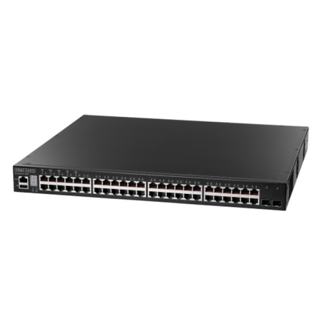 ECS4510-52P Edge-corE 48 x GE + 2 x 10G SFP+ ports + 1 x expansion slot (for dual 10G SFP+ ports) L2+ Stackable Switch w/ 1 x RJ45 console port, 1 x USB type A storage port, RPU connector, Stack up to 4 units, PoE Budget max. 780W