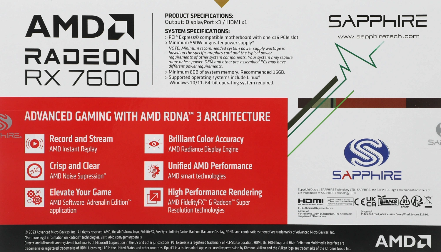 Видеокарта Sapphire PCI-E 4.0 11324-01-20G PULSE RX 7600 GAMING AMD Radeon RX 7600 8Gb 128bit GDDR6 2355/17500 HDMIx1 DPx3 HDCP Ret