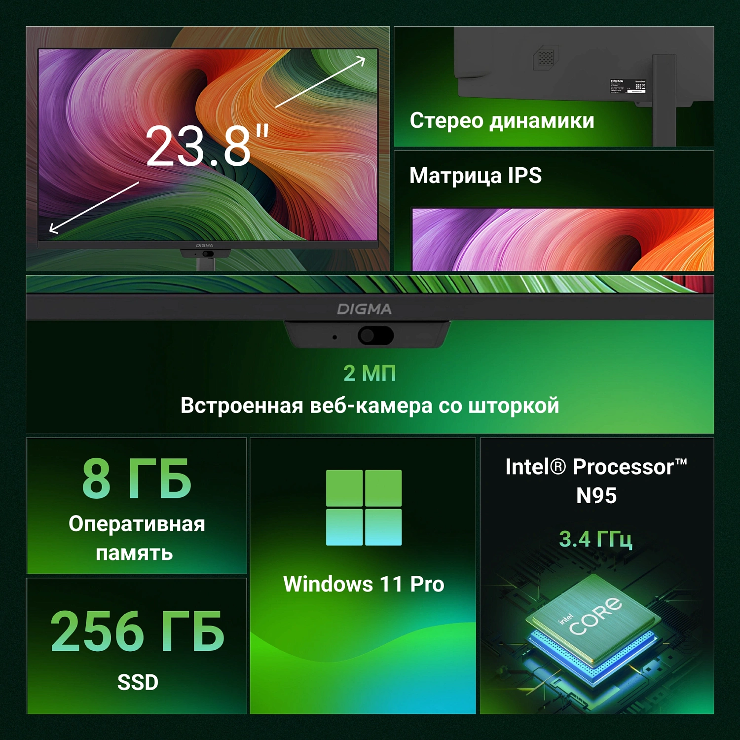 Моноблок Digma Action 23.8" Full HD N95 (1.7) 8Gb SSD256Gb UHDG 600 CR Windows 11 Pro GbitEth WiFi BT 36W клавиатура мышь Cam черный 1920x1080