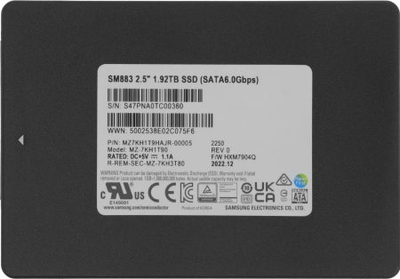 Твердотельный накопитель Samsung Enterprise SSD, 2.5"(SFF), SM883, 1920GB, SATA, 6Gb/s, R540/W520Mb/s, IOPS(R4K) 97K/29K, MLC, MTBF 2M, 3DWPD/5Y, OEM (analog MZ-7KM1T9E/NE)