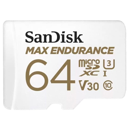 Карта памяти SanDisk MAX ENDURANCE microSDXC 64GB + SD Adapter - for home security cameras & dashcams up to 30,000 Hours, Full HD / 4K videos, Extreme endurance, up to 100/40 MB/s Read/Write speeds, C10, U3, V30