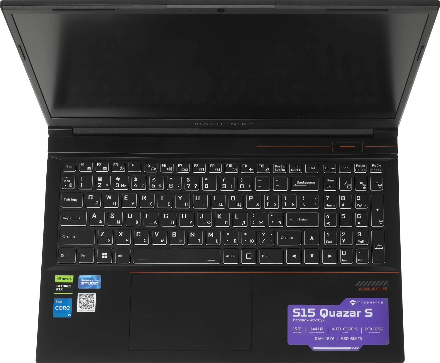 Ноутбук Machenike S15 Quazar S Core i5 12450H 16Gb SSD512Gb NVIDIA GeForce RTX 3050 4Gb 15.6" IPS FHD (1920x1080) без ОС black WiFi BT Cam 2668mAh (JJ00GB00JRU)
