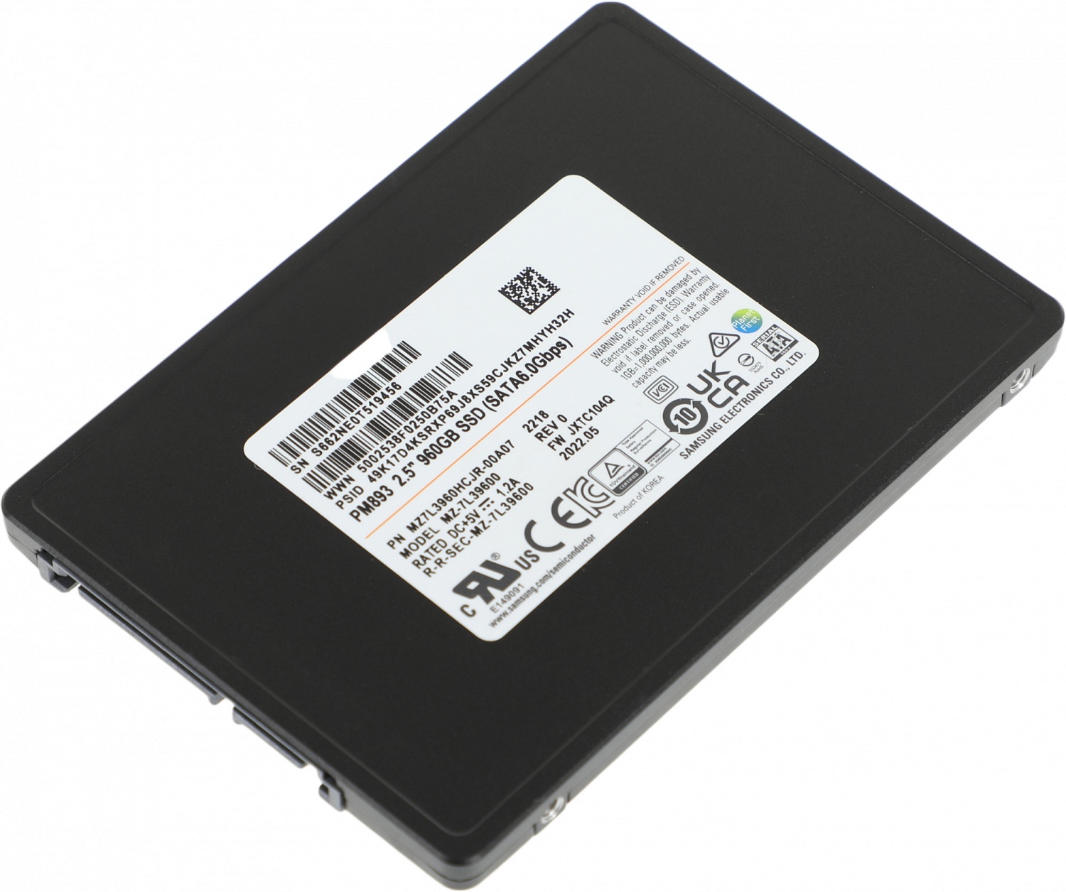 Твердотельный накопитель Samsung Enterprise SSD, 2.5"(SFF), PM893, 960GB, SATA 3.3 6Gbps, R550/W530Mb/s, IOPS(R4K) 97K/31K, TLC, MTBF 2M, 1DWPD/5Y, OEM, (analog MZ7LH960HAJR-00005)