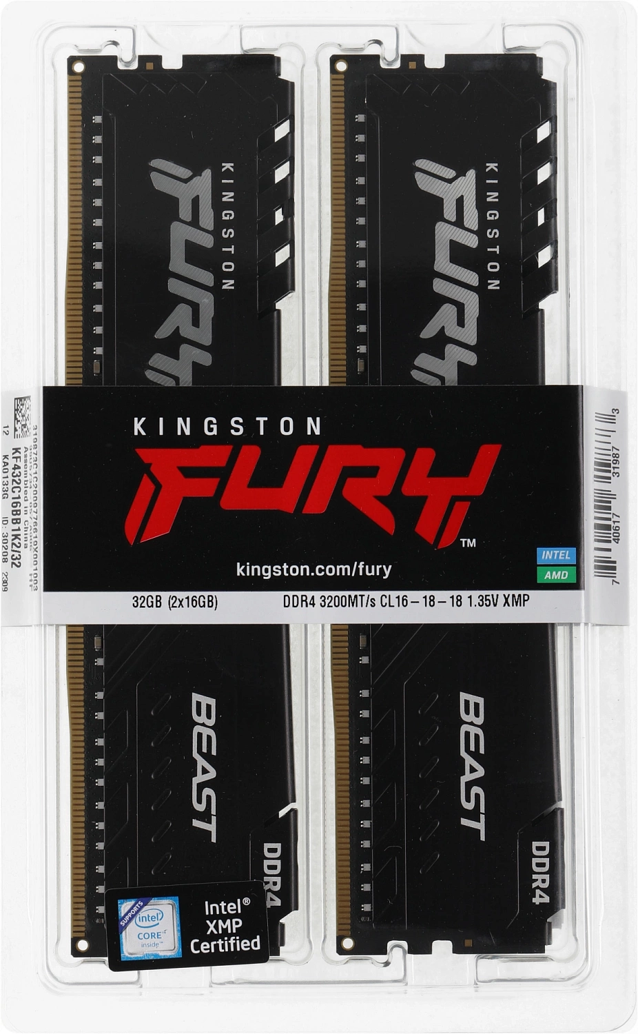 Память DDR4 2x16Gb 3200MHz Kingston KF432C16BB1K2/32 Fury Beast RTL Gaming PC4-25600 CL16 DIMM 288-pin 1.35В dual rank с радиатором Ret