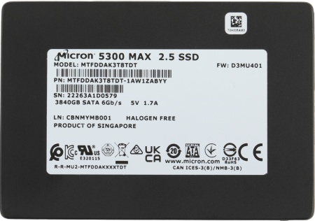 Твердотельный накопитель Micron 5300MAX 3.84TB SATA 2.5" 3D TLC R540/W520MB/s MTTF 3М 95000/34000 IOPS 24528TBW SSD Enterprise Solid State Drive, 1 year OEM