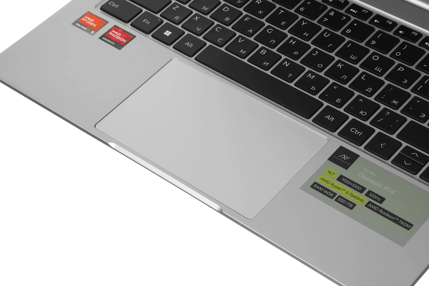 Ноутбук Machcreator Genesis R14 Ryzen 5 7640HS 16Gb SSD1Tb AMD Radeon 760M 14.1" IPS FHD (1920x1200) без ОС silver WiFi BT Cam 6550mAh (JJ00GW00GRU)