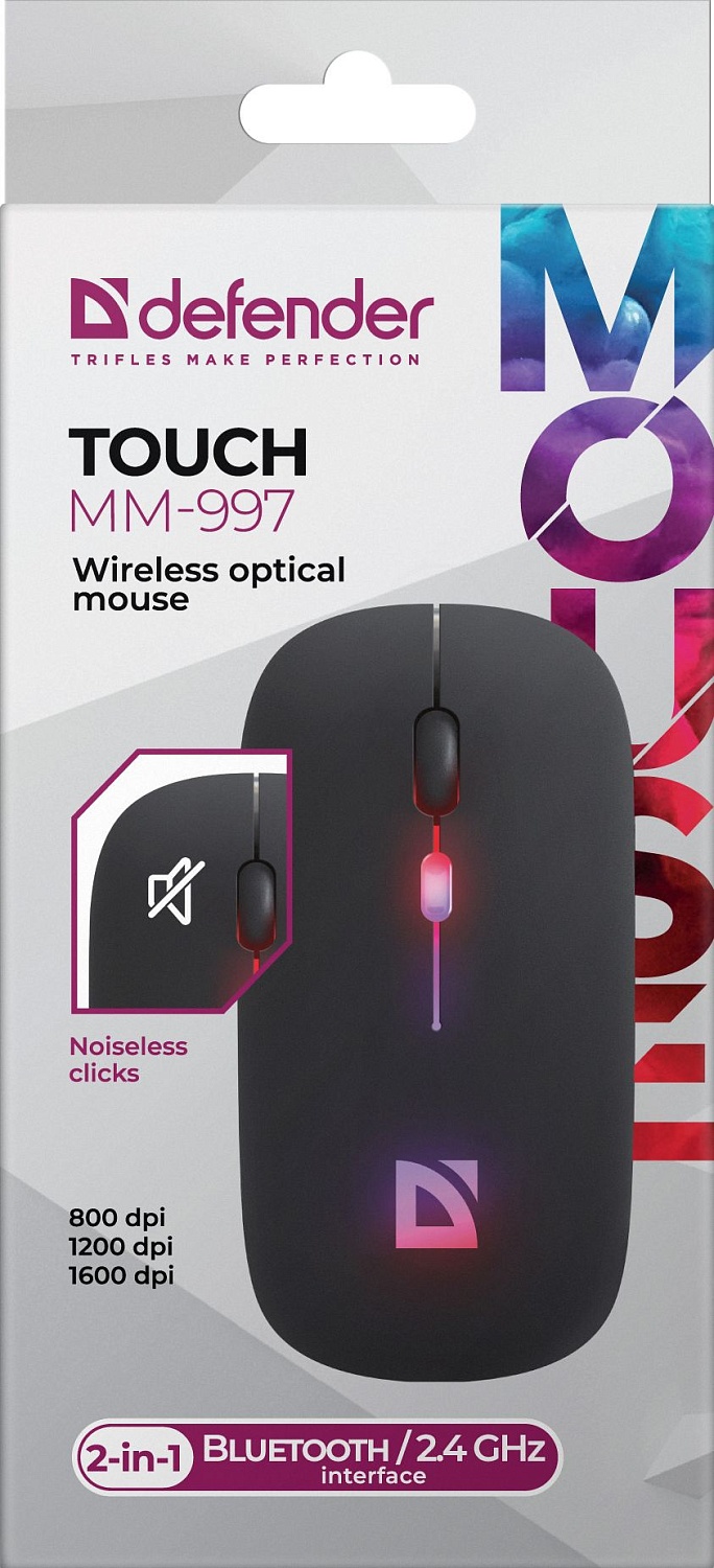 Мышь Defender Touch MM-997 черный оптическая 1600dpi silent беспров. BT/Radio USB для ноутбука 2but (52997) Мышь Defender Touch MM-997 черный оптическая 1600dpi silent беспров. BT/Radio USB для ноутбука 2but (52997)