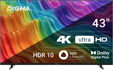 Телевизор LED Digma 43" DM-LED43UBB33 Яндекс.ТВ Frameless Metal черный 4K Ultra HD 60Hz DVB-T DVB-T2 DVB-C DVB-S DVB-S2 USB WiFi Smart TV