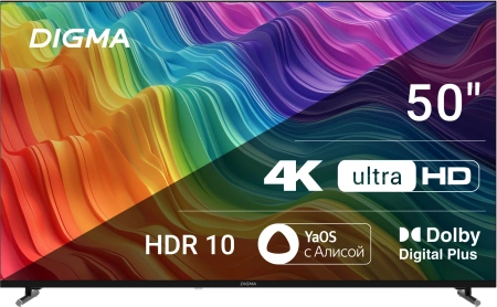 Телевизор LED Digma 50" DM-LED50UBB33 Яндекс.ТВ Frameless Metal черный 4K Ultra HD 60Hz DVB-T DVB-T2 DVB-C DVB-S DVB-S2 USB WiFi Smart TV