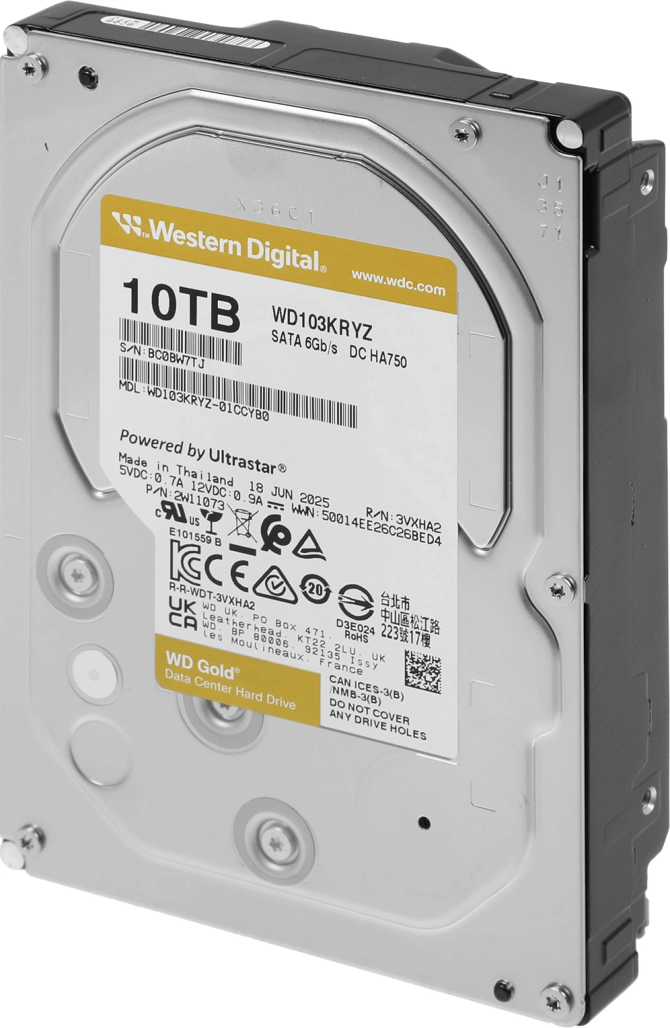 Жесткий диск Western Digital GOLD HDD SATA 10TB, 7200rpm, 512MB buffer, 512e, WD103KRYZ, 1 year