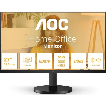 Монитор 27" AOC U27B3CF Black (4K, IPS, 3840x2160, 4 ms, 178°/178°, 350 cd/m, 20M:1, +HDMI 2.0, +2xUSB 3.2, +USB Type-C (65W), +MM, +регулировка по высоте)