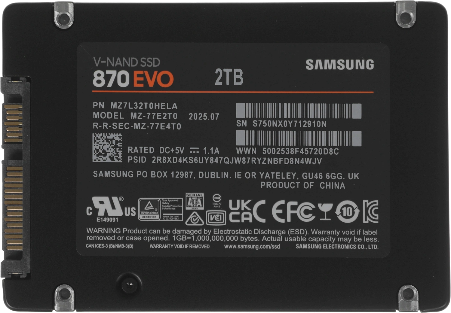 Твердотельный накопитель SSD 2.5" 2Tb (2000GB) Samsung SATA III 870 EVO (R560/W530MB/s) (MZ-77E2T0BW) 1year