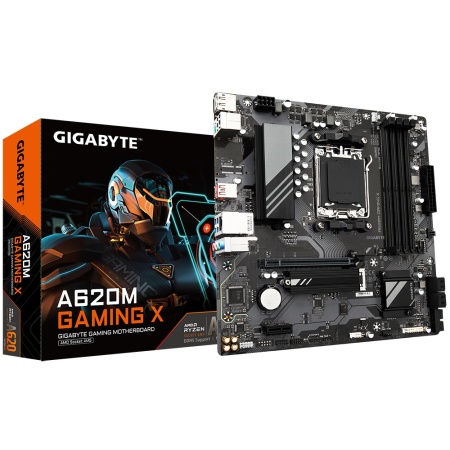 A620M GAMING X, Socket AM5, AMD A620, 4xDDR5-5200, HDMI+DP, 1xPCI-Ex16, 1xPCI-Ex1, 4xSATA3(RAID 0/1/10), 1xM.2, 8 Ch Audio, GLan, (2+2)xUSB2.0, (3+2)xUSB3.2, (1+1)xUSB3.2 Type-C™, 1xPS/2, mATX, RTL