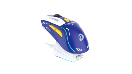 Мышь игровая беспроводная Dareu A950 Mecha Blue (синий), DPI 400/800/1600/3200/6400/12000, подключение Tri-mode: проводное+2.4GHz+BT, встроенный аккумулятор 930mAh, зарядная станция, подсветка RGB, размер 123x64x39мм