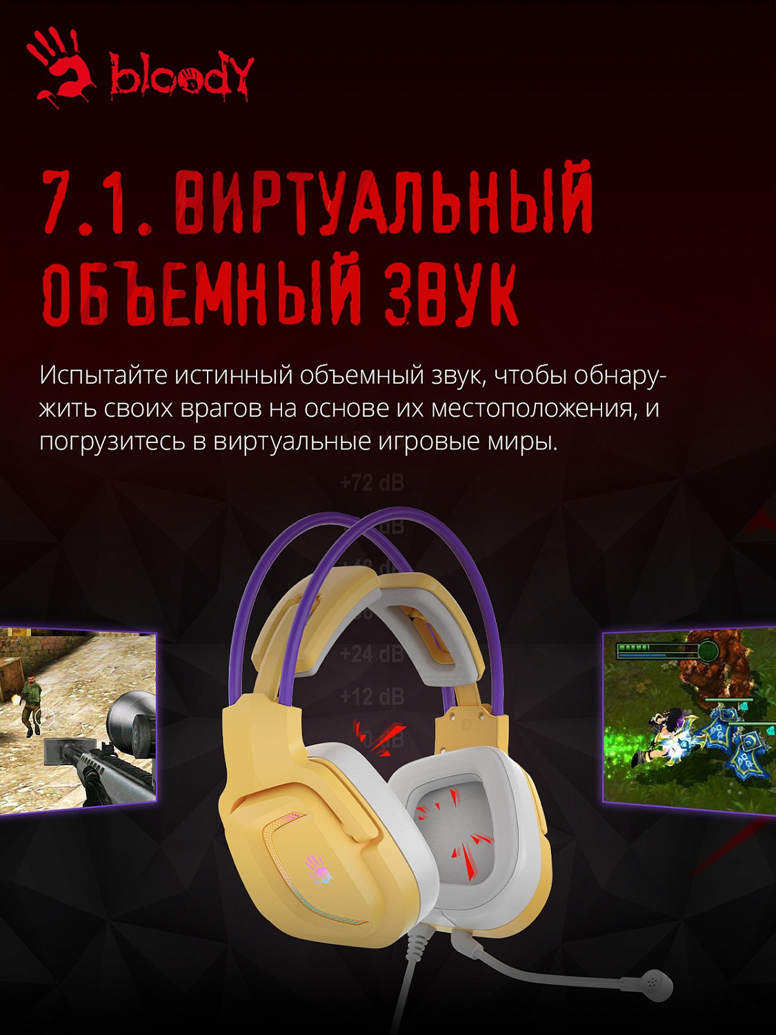 Наушники с микрофоном A4Tech Bloody G575 желтый/фиолетовый 2м мониторные USB оголовье (G575 /ROYAL VIOLET/ USB)