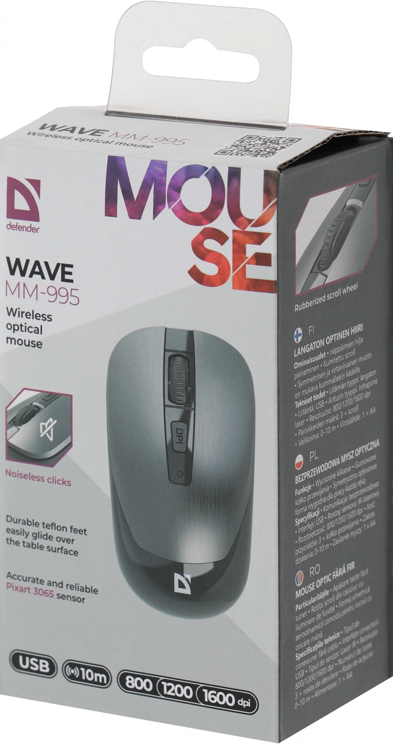 Мышь Defender Wave MM-995 серебристый оптическая 1600dpi silent беспров. USB для ноутбука 3but (52993) Мышь Defender Wave MM-995 серебристый оптическая 1600dpi silent беспров. USB для ноутбука 3but (52993)