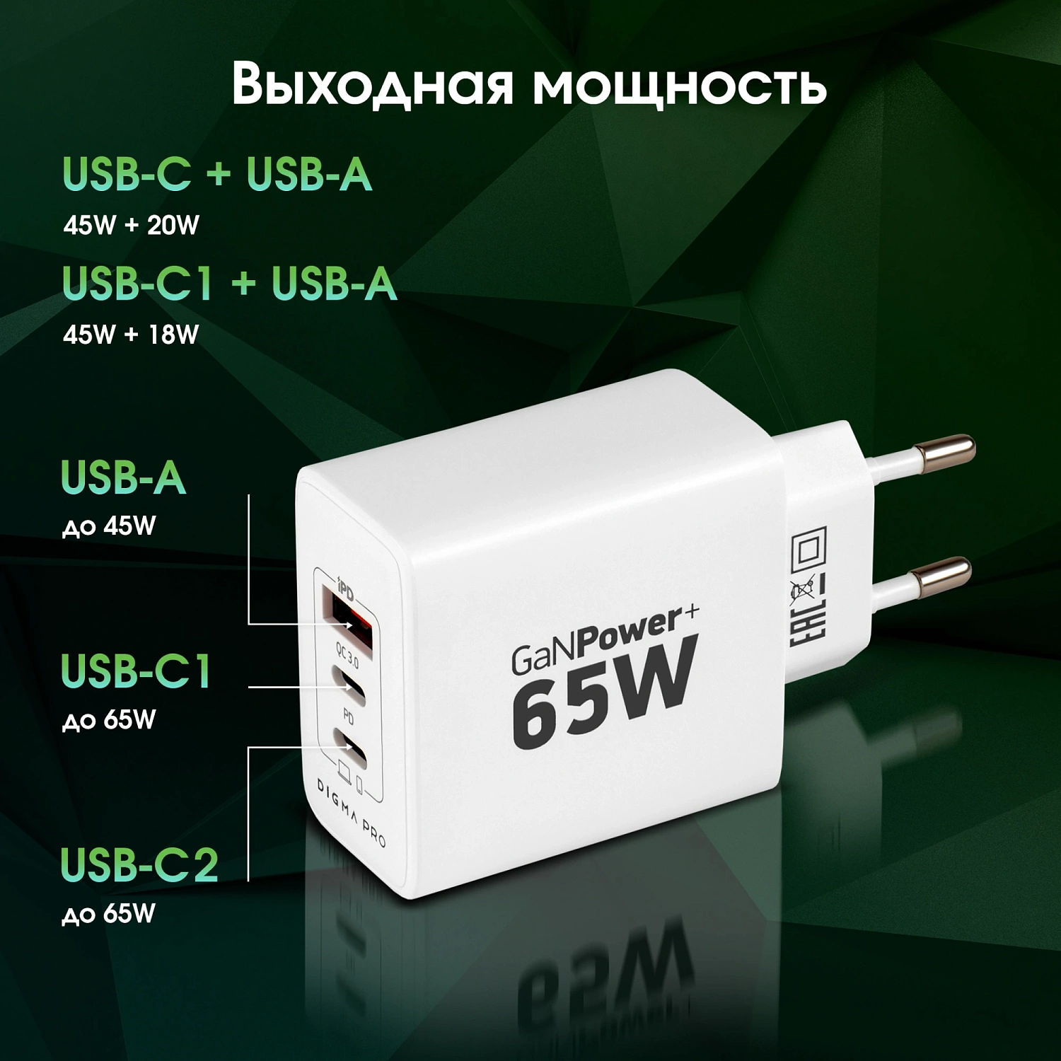 Сетевое зар./устр. Digma Pro DPW6B 65W 3.25A (PD+QC) 2хUSB-C/USB-A универсальное белый (DPW6B5GX12WH)