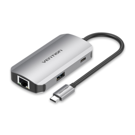 Usb-концентратор Vention USB-C to USB 3.0x3/RJ45/PD Hub 0.15M Gray Aluminum Alloy Type