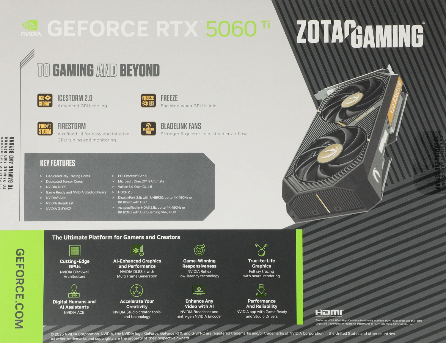 Видеокарта Zotac PCI-E 5.0 RTX 5060TI 16GB AMP NVIDIA GeForce RTX 5060TI 16Gb 128bit GDDR7 2572/28000 HDMIx1 DPx3 HDCP Ret