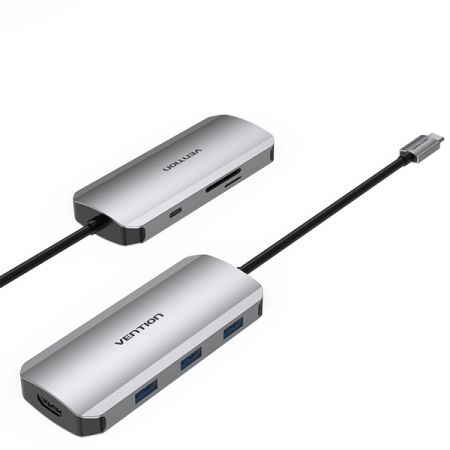 Usb-концентратор/хаб Vention USB-C to HDMI/USB 3.0x3/SD/TF/PD Docking Station Gray 0.15M Aluminum Alloy Type