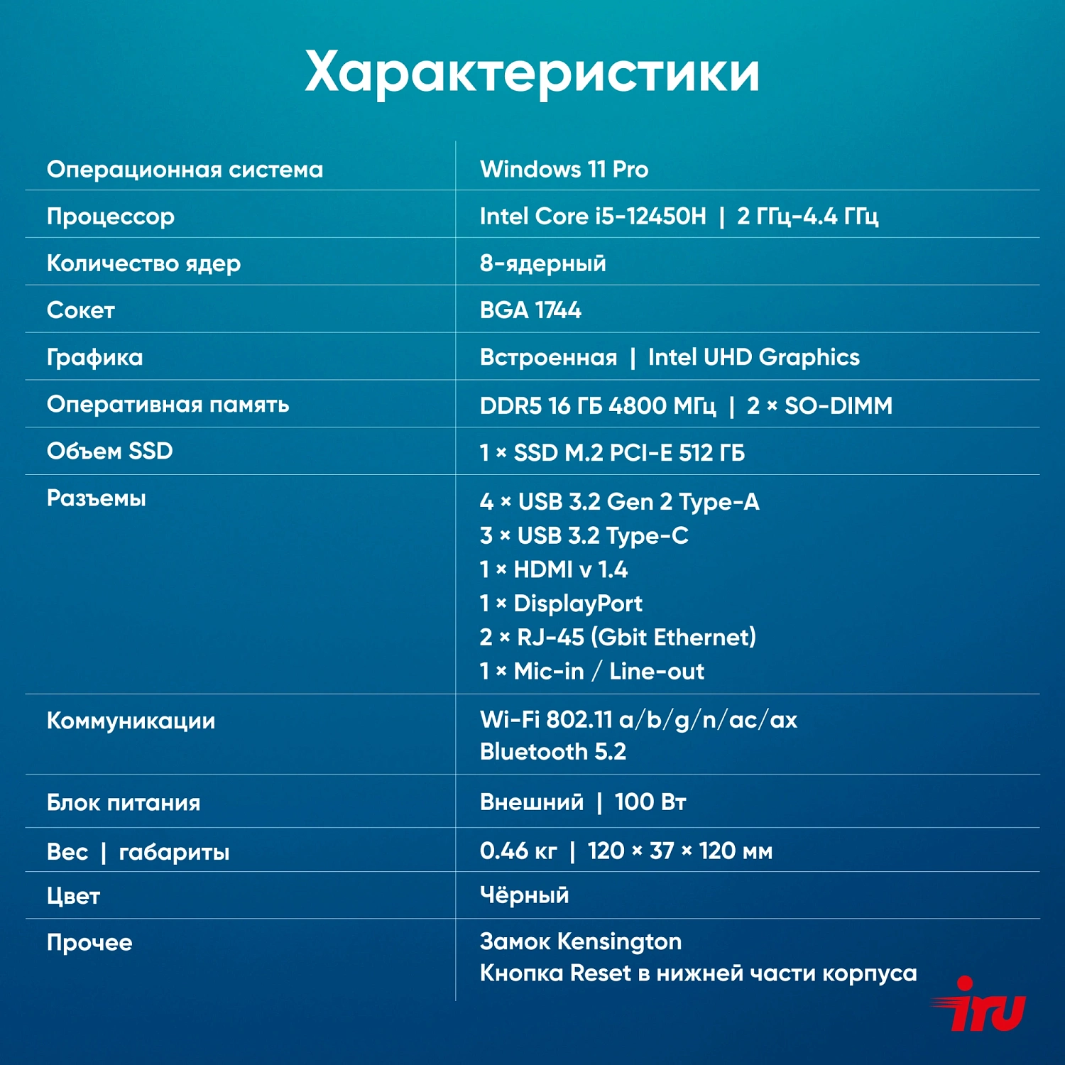 Неттоп IRU Tactio 515 i5 12450H (2) 16Gb SSD512Gb Iris Xe Windows 11 Pro 64 2xGbitEth WiFi BT 100W серый (RUS) (2195518)