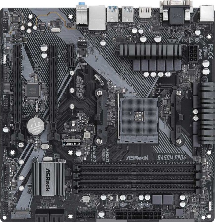 Материнская плата Asrock B450M PRO4 R2.0 Soc-AM4 AMD B450 4xDDR4 mATX AC`97 8ch(7.1) GbLAN RAID+VGA+DVI+HDMI