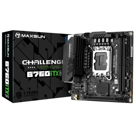 Материнская плата Maxsun MS-Challenger B760ITX D5 B760, LGA1700, 2xDDR5, 1xPCIEx16, 2xM.2, 1xTypeC, 2xUSB3.2Gen1, 2xUSB2.0, 2xUSB3.2Gen1, 4xUSB2.0, 2xNVMe, 4xSATA3, 2.5G+1G, 2xHDMI+2xDP, ITX