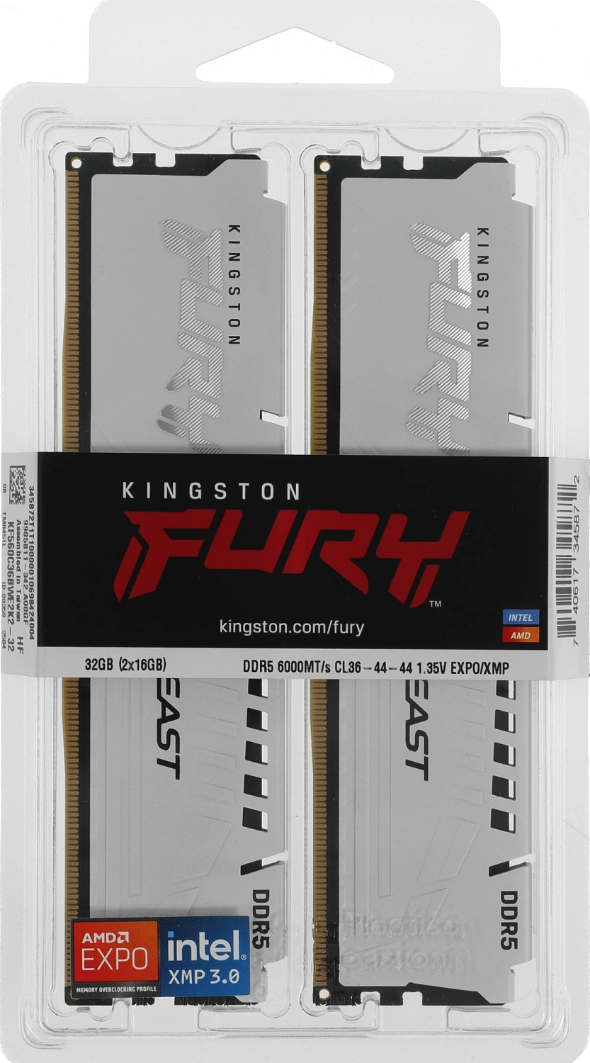 Модуль памяти Kingston 32GB (2x16GB) DDR5 6000MT/s CL36 FURY Beast White EXPO Non-ECC Unbuffered DIMM (Kit of 2) 1RX8 36-44-44 1.35V 288-pin 16Gbit