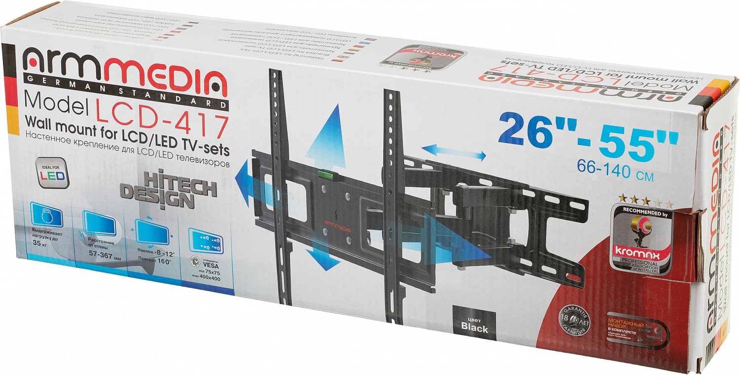 Кронштейн для телевизора Arm Media LCD-417 черный 26"-55" макс.35кг настенный поворотно-выдвижной и наклонный