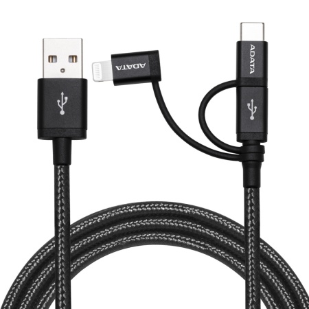 USB Cable ADATA Lightning-USB AMCL23IN1-1MK-CBK 1m, 3-in-1: Lightning, microUSB, USB 2.0 Type A, AMCL23IN1-1MK-CBK USB-C, 2.4A-rated copper wires, Apple MFi-certified, Black, RTL