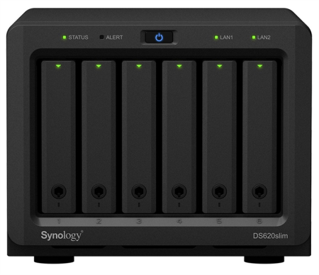 Система хранения данных Synology  DS620slim DC2,0GhzCPU/2Gb(upto6)/RAID0,1,10,5,6/up to 6HDDs SATA 2,5'/2xUSB 3.0/2xGigEth/iSCSI/2xIPcam(up to 25)/1xPS/1YW