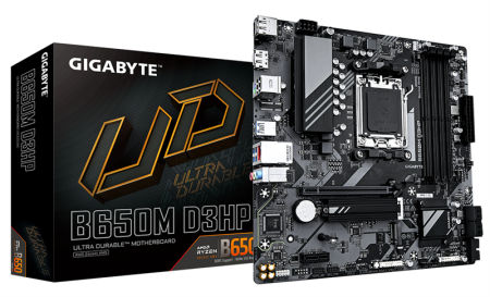 Материнская плата GIGABYTE B650M D3HP, AM5, B650, 4*DDR5, 4*SATA, 2*M.2, 3*USB 3.2, 2*USB 2.0, Type-C, 1*PCIx16, 1*PCIx1, 2*DP+HDMI, mATX (незначительное повреждение коробки)