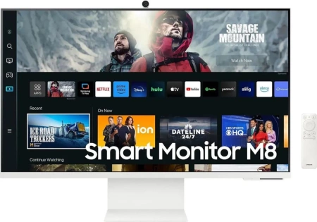 Монитор Samsung 32" Smart monitor M8 S32DM801UI VA 16:9 3840x2160x60Hz 4ms 400cd 3000:1 178/178 1млрд HDMI USB-C(65W) 2*USB 2.0 Spk10W Tizen HDR10+ sRGB 99% Tilt HAS Pivot Cam WiFi5 BT5.2 VESA White ПультДУ