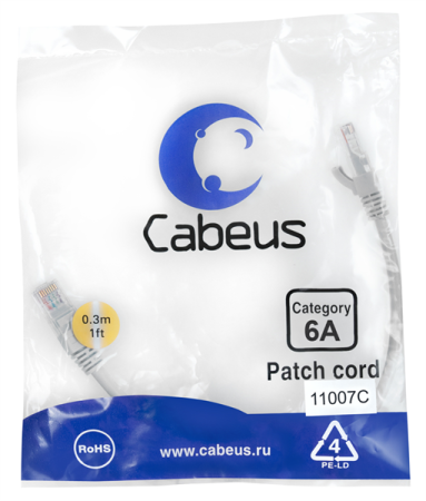 Патч-корд S/FTP, категория 6а (10G), 2xRJ45/8p8c, серый, LSZH, 0.3м Cabeus PC-SSTP-RJ45-Cat.6a-0.3m-LSZH Патч-корд S/FTP, категория 6а (10G), 2xRJ45/8p8c, экранированный, серый, LSZH, 0.3м