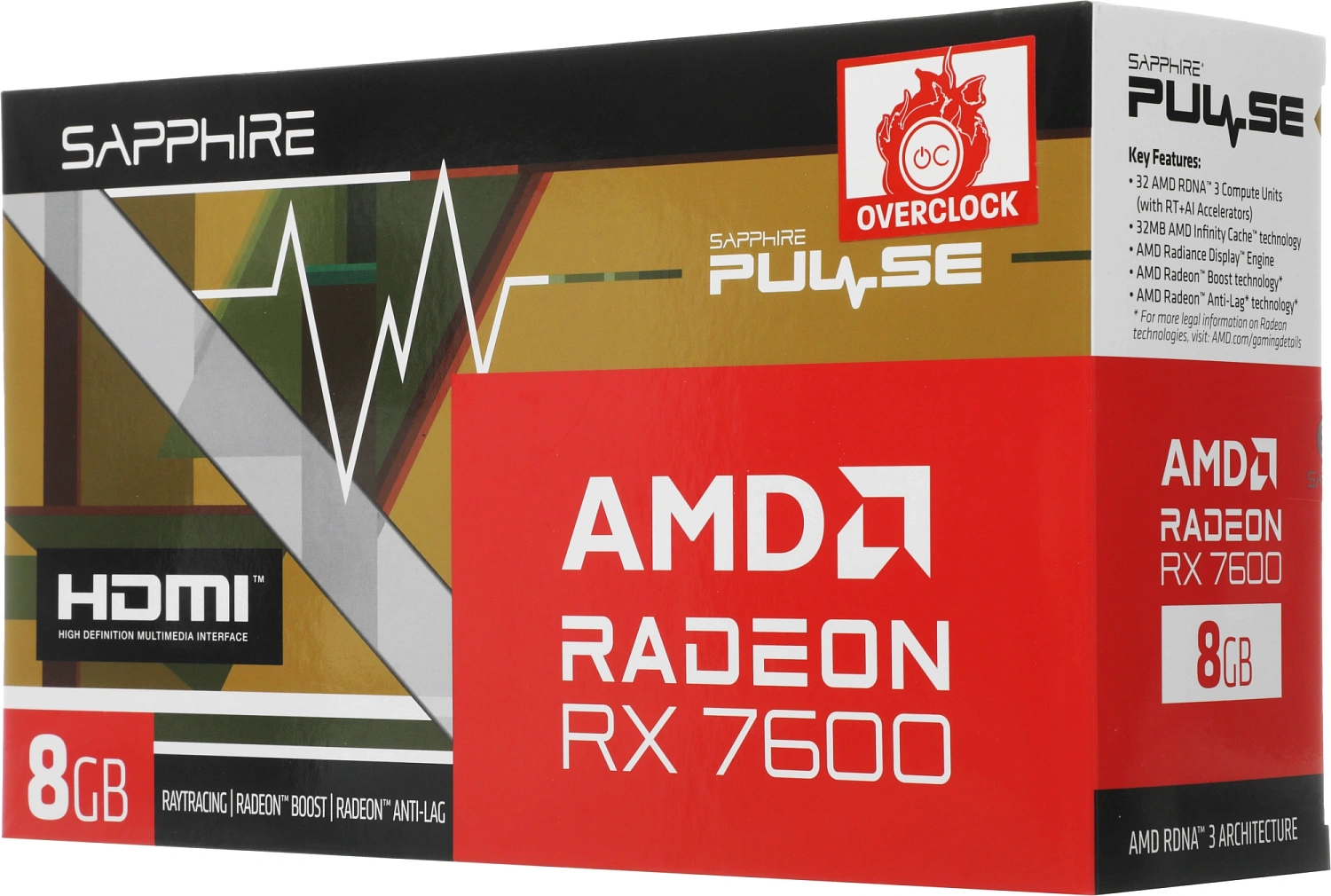 Видеокарта Sapphire PCI-E 4.0 11324-01-20G PULSE RX 7600 GAMING AMD Radeon RX 7600 8Gb 128bit GDDR6 2355/17500 HDMIx1 DPx3 HDCP Ret