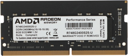 Память DDR4 8Gb 2400MHz AMD R748G2400S2S-U Radeon R7 Performance Series RTL PC4-19200 CL16 SO-DIMM 260-pin 1.2В Ret