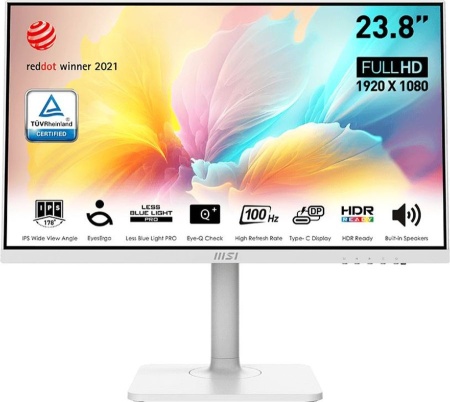 Монитор MSI PRO MP2412PW 23.8" 16:9 FHD(1920x1080) IPS Flat,1ms(MPRT),1000:1,100M:1,300nit,178/178,HDMI 1.4,USB-C,Speaker,Tilt,Swivel,Height,Pivot,VESA,100Hz,White,1y war-ty