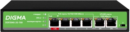 Коммутатор Digma DSP204G-2G-T80 6x1Гбит/с 4PoE 4PoE+ 1PoE++ 80W неуправляемый