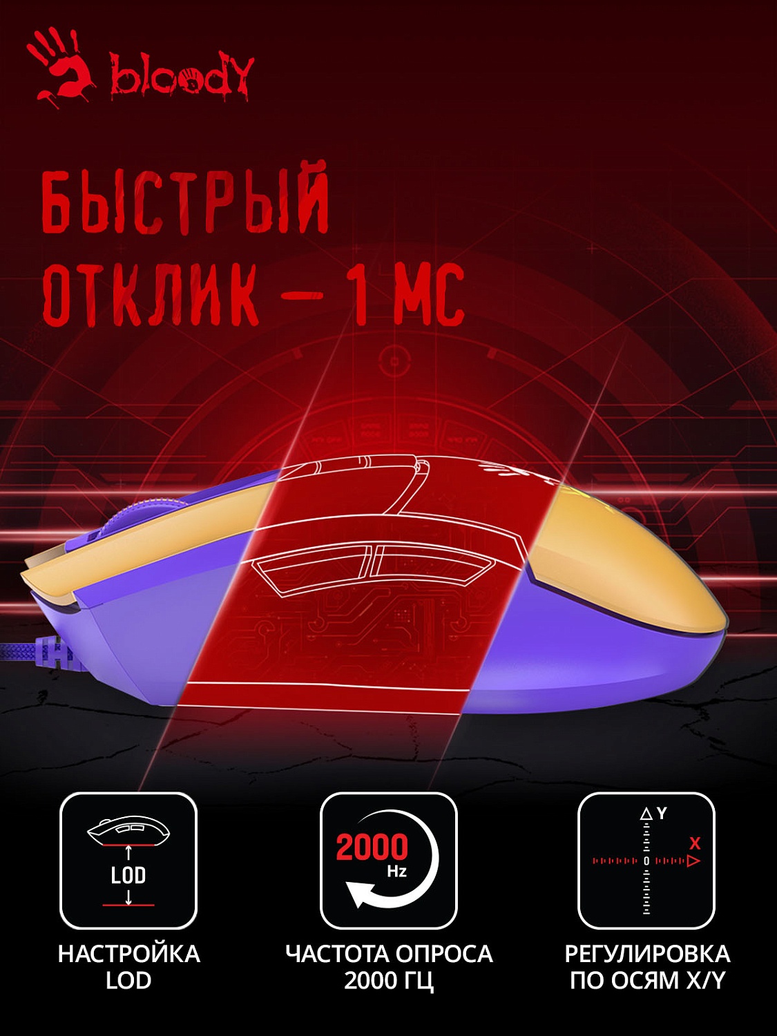 Мышь A4Tech Bloody L65 Max желтый/фиолетовый оптическая (12000dpi) USB (6but) Мышь A4Tech Bloody L65 Max желтый/фиолетовый оптическая (12000dpi) USB (6but)