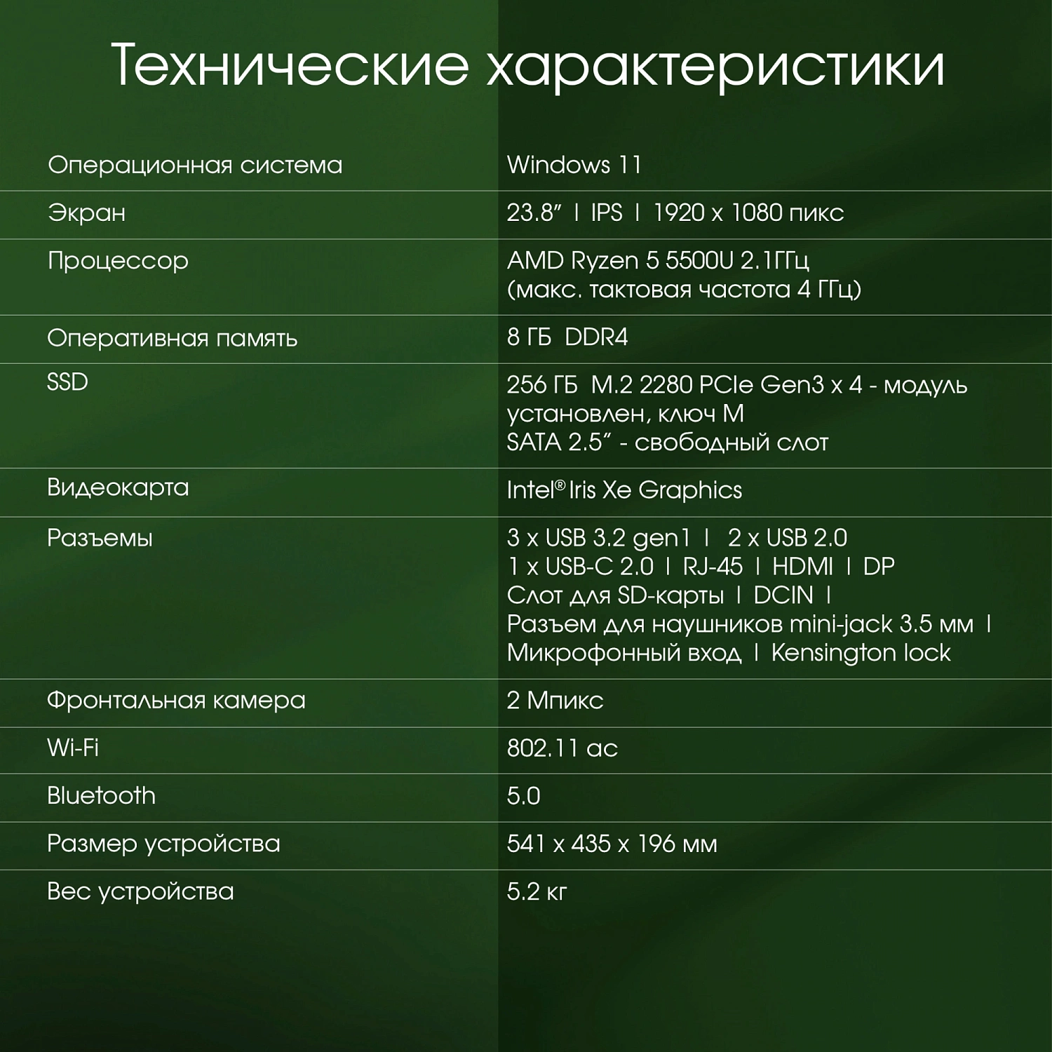 Моноблок Digma Pro Vision 23.8" Full HD Ryzen 5 5500U (2.1) 8Gb SSD256Gb UHDG CR Windows 11 Professional Eth WiFi BT 90W клавиатура мышь Cam черный 1920x1080