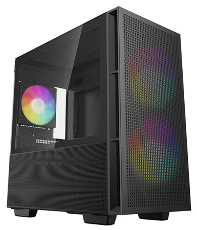 Корпус Deepcool CH360 без БП, боковое окно (закаленное стекло), 2x140мм ARGB LED вентилятор спереди и 1x120мм ARGB LED вентилятор сзади, черный, mATX