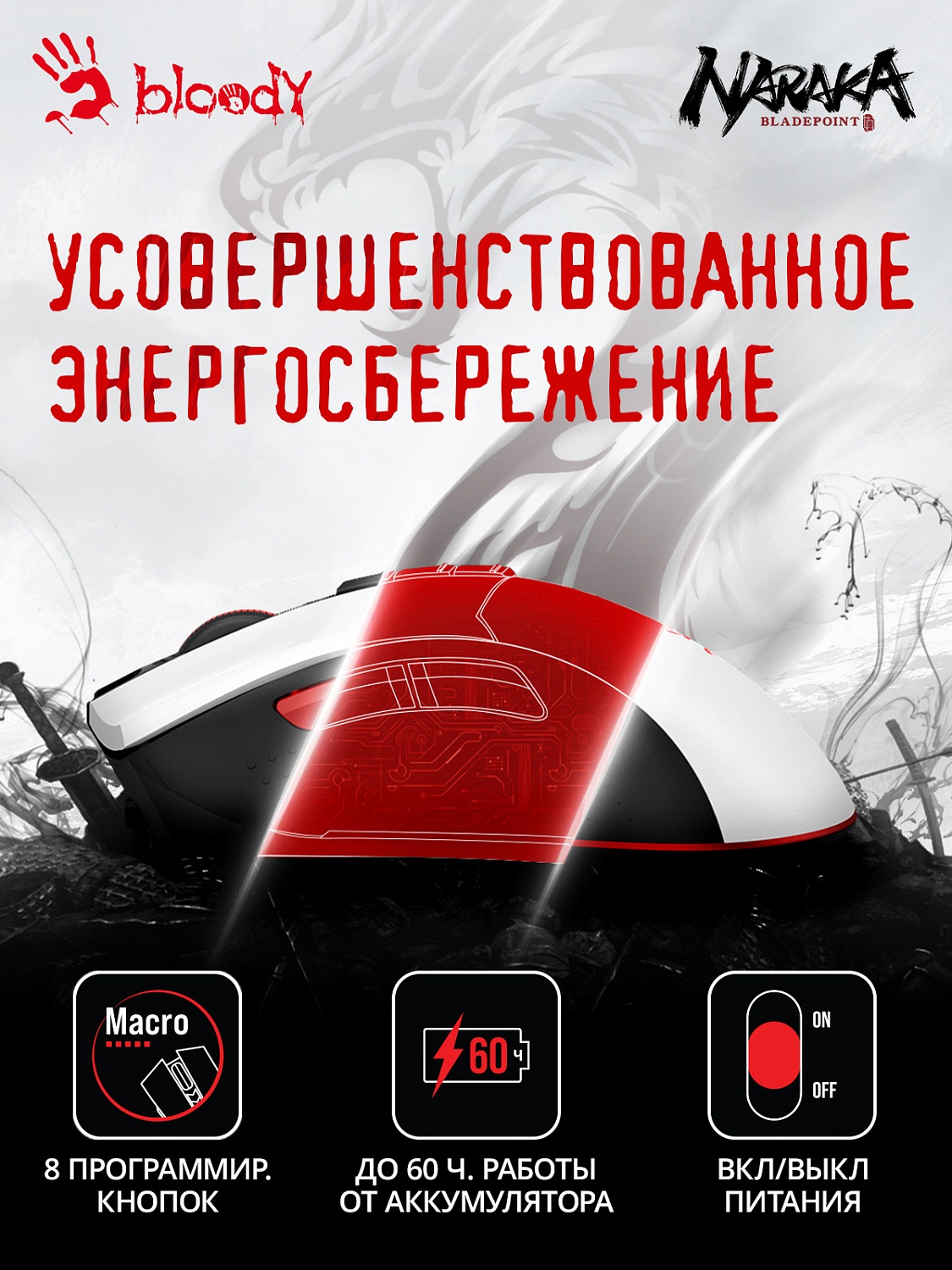 Мышь A4Tech Bloody R90 Plus Naraka белый/рисунок оптическая (5000dpi) беспроводная USB (7but) Мышь A4Tech Bloody R90 Plus Naraka белый/рисунок оптическая (5000dpi) беспроводная USB (7but)